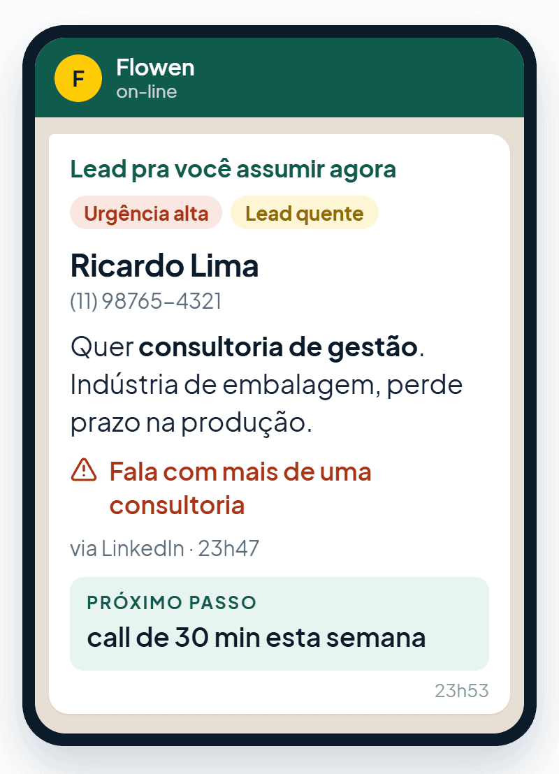 Aviso no WhatsApp com o resumo do lead, a urgência e o próximo passo