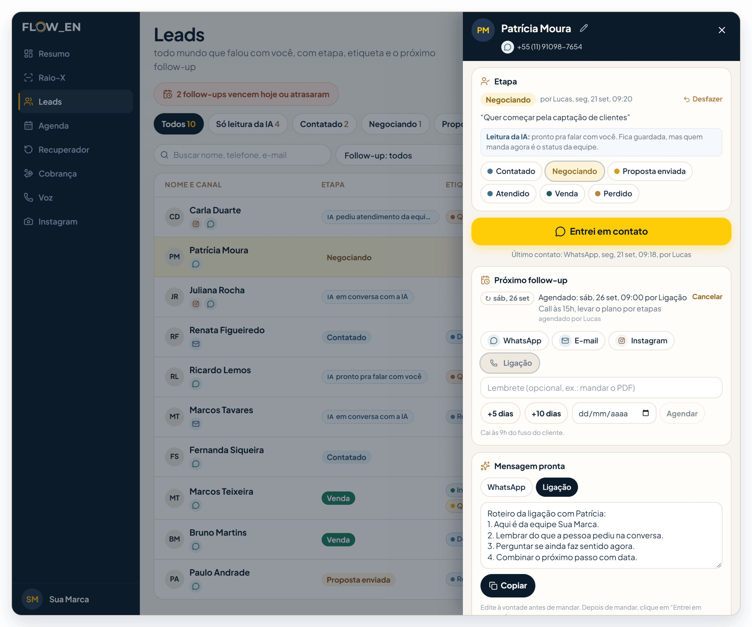 Tela de Leads do Painel: cada contato com a etapa (contatado, negociando, proposta enviada, venda) e o próximo follow-up com data