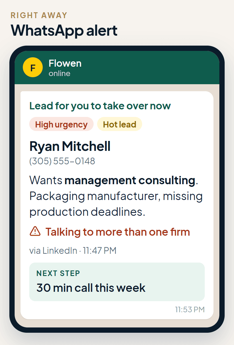 WhatsApp alert with the lead summary, the urgency and the next step